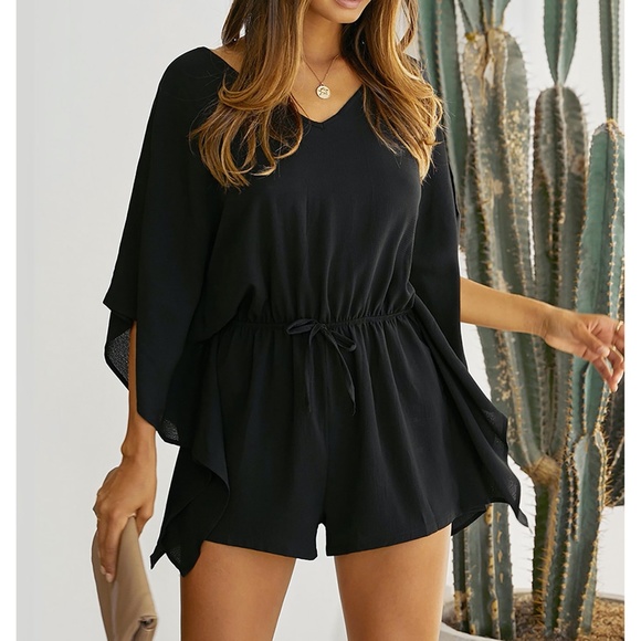 Black Batwing Sleeve Drawstring Chiffon Romper - Picture 3 of 5